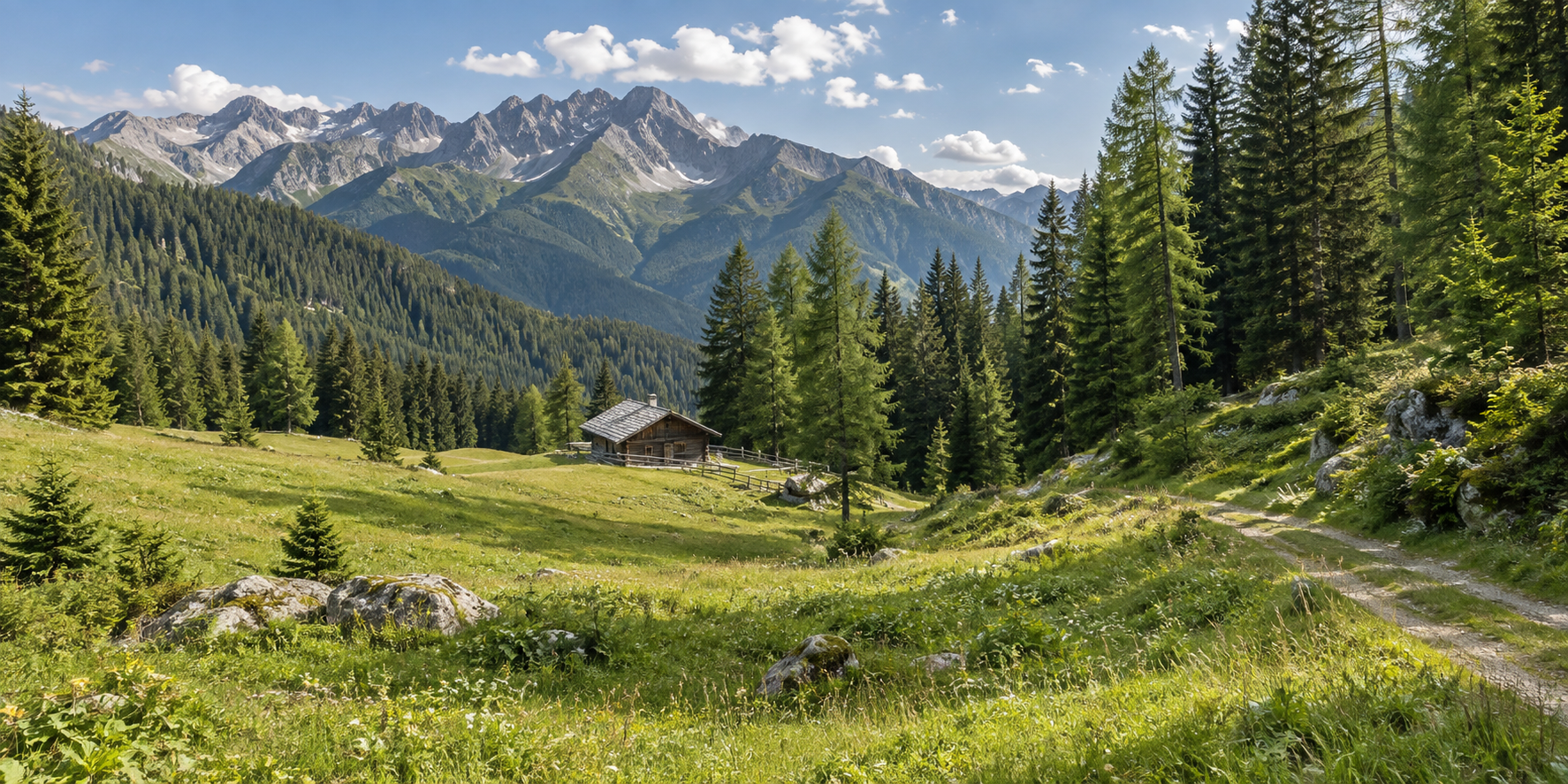 Große Wald- und Berglandschaft im Alpenraum